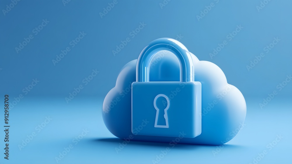 Blue cloud with padlock icon represents data security and cloud computing protection on a blue background, symbolizing online privacy.