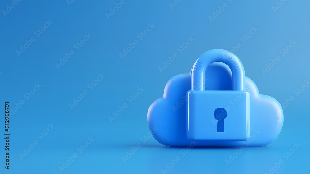 Blue cloud with padlock representing cloud data security and internet protection on a blue background. Blue cloud with padlock representing cloud data security and internet protection on a blue background.