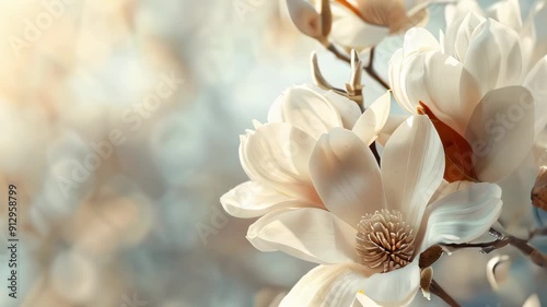 Close-up of blooming magnolia with soft background bokeh.