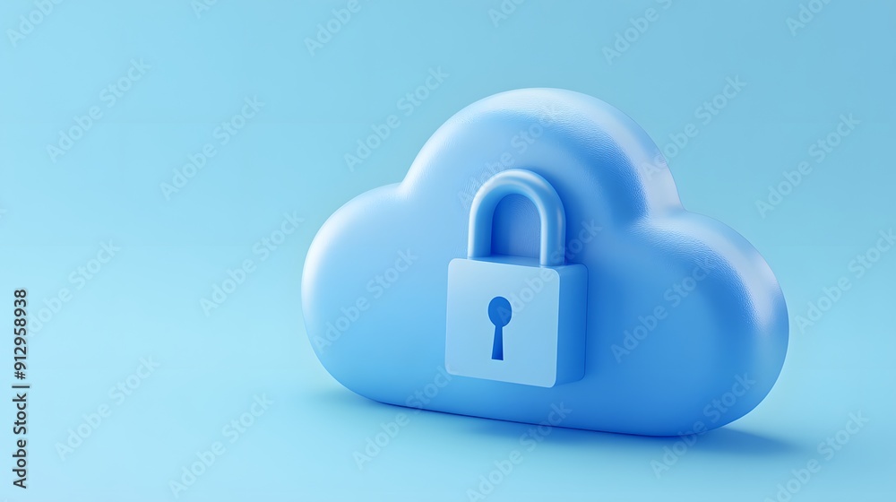 Blue cloud with padlock symbolizing cloud security and data protection. 3D rendering on a light blue background. Blue cloud with padlock symbolizing cloud security and data protection. 3D rendering on a light blue background.