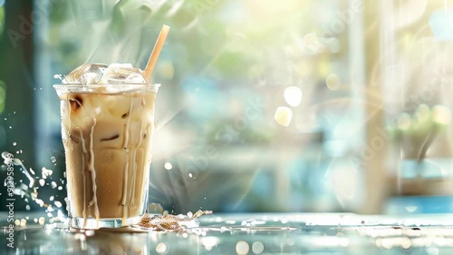 ced latte in a glass with a straw, surrounded by water drops. photo