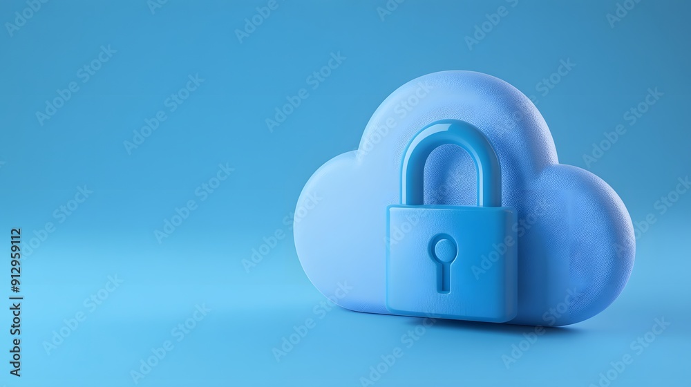 Blue cloud-shaped icon with padlock symbolizing cloud security and data protection on a blue background. Blue cloud-shaped icon with padlock symbolizing cloud security and data protection on a blue background.