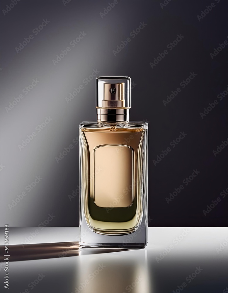 Elegant perfume bottle with a sleek, reflective glass design, set against a dark, gradient background, highlighting the luxurious essence. Elegant perfume bottle with a sleek, reflective glass design, set against a dark, gradient background, highlighting the luxurious essence.