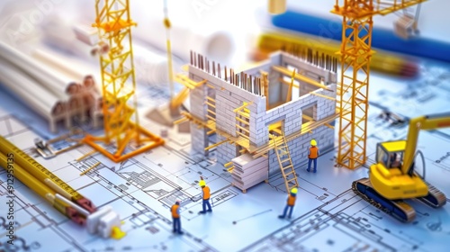 Fototapeta Naklejka Na Ścianę i Meble -  Generate a photo realistic image of a construction project team strategizing budget planning, with detailed financial charts and strategic plans; ensure the image is of high resolution for clear 