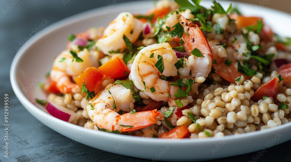 Seafood and barley salad on a white plate is a feast for the eyes and palate. The bright white background of the plate contrasts beautifully with the intense colors of the ingredients