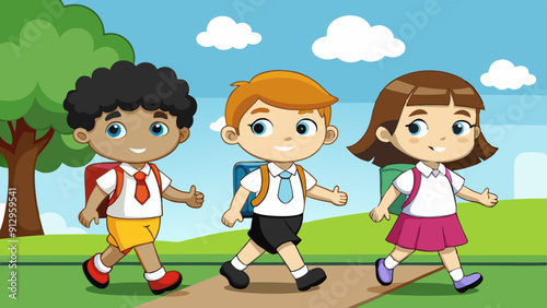 three kids in school uniform vector illustration