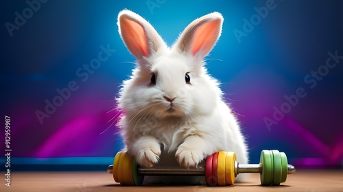 An adorable Angora bunny with a fluffy white coat, bright brown eyes, and a twitching little nose is shown in a high-contrast, vibrant, and playful photo as it lifts a tiny weight in an Olympic-style  photo