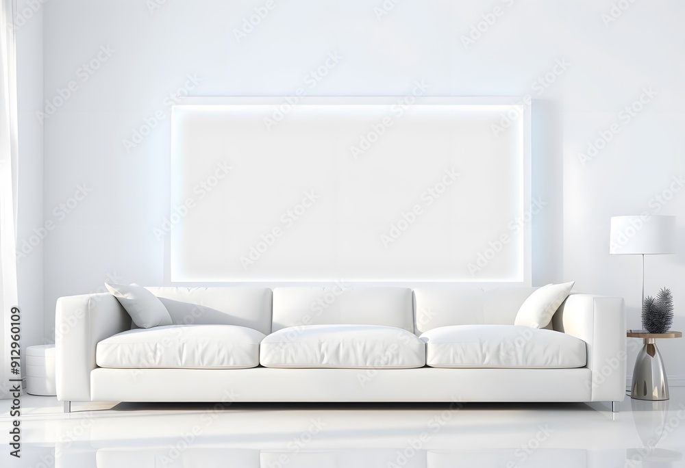 Interior of A bedroom with a wooden bed frame, and a blank white framed wall art above the bed. The room has a warm, inviting atmosphere Interior of A bedroom with a wooden bed frame, and a blank white framed wall art above the bed. The room has a warm, inviting atmosphere