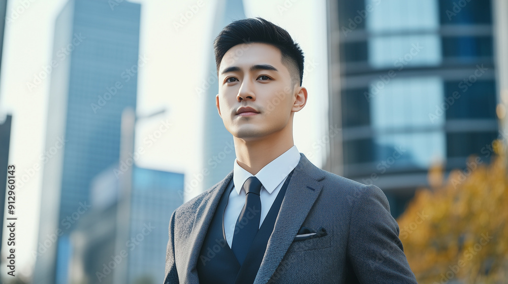 In an elegant suit, a Chinese man confidently strides down a city street, with modern buildings in the background, exuding professionalism and confidence In an elegant suit, a Chinese man confidently strides down a city street, with modern buildings in the background, exuding professionalism and confidence