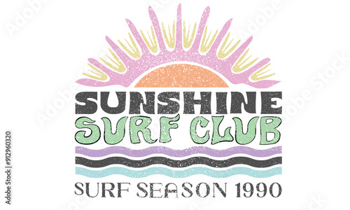 Summer vibes artwork. Surf club design. Big wave artwork. Sunshine Surf club artwork. Enjoy beach life.