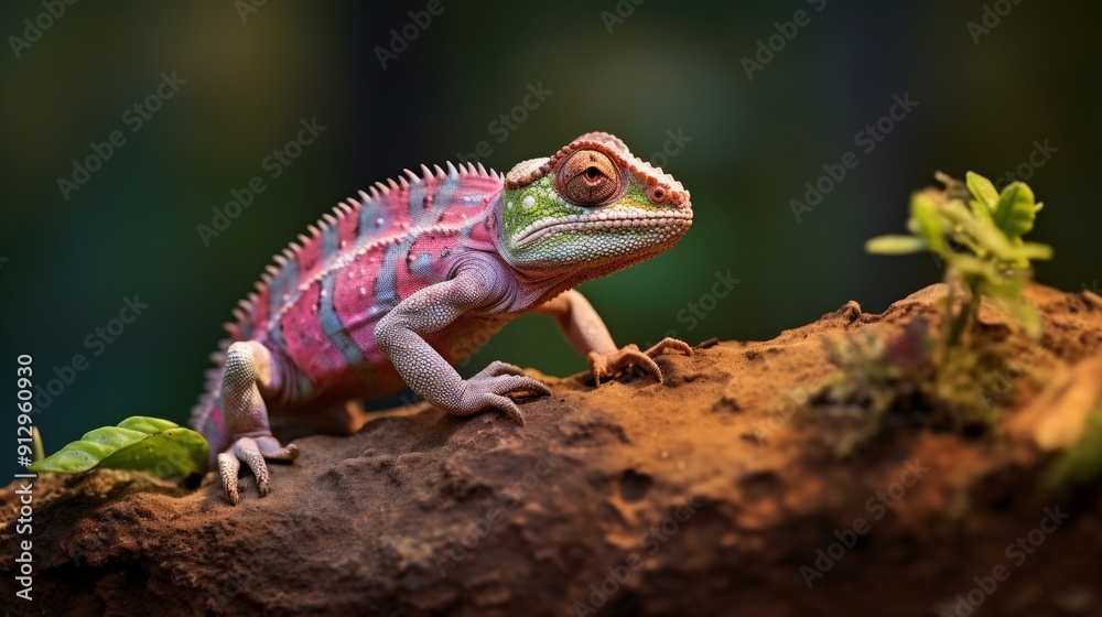 Fototapeta premium Chameleon camouflages on rock in distant view