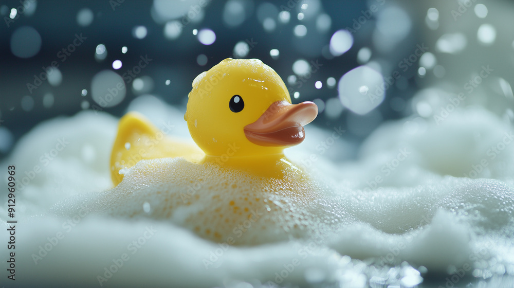 A yellow rubber ducky floats on the surface of water full of soapy foam, creating a cheerful picture in the bath. A yellow rubber ducky floats on the surface of water full of soapy foam, creating a cheerful picture in the bath.