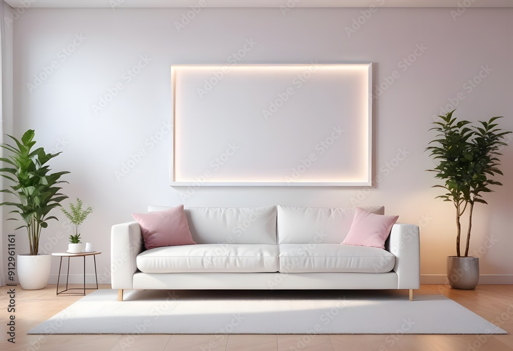 Interior of A bedroom with a wooden bed frame, and a blank white framed wall art above the bed. The room has a warm, inviting atmosphere Interior of A bedroom with a wooden bed frame, and a blank white framed wall art above the bed. The room has a warm, inviting atmosphere