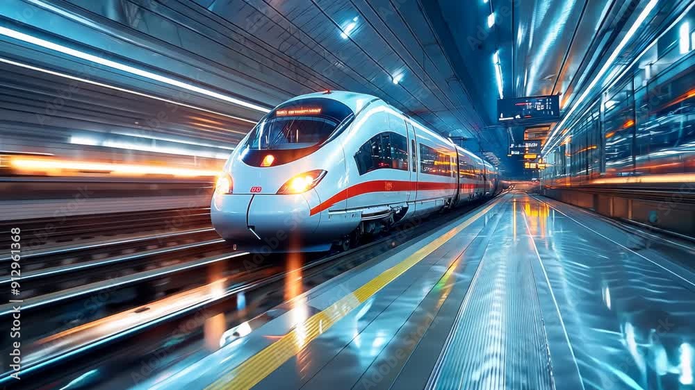 High-Speed Train in Modern Station Captured in Dynamic Motion Under Vibrant Lighting