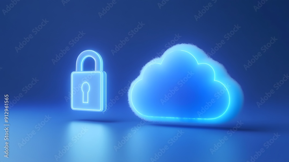 Blue neon lock and cloud on blue background, representing data security and cloud storage, vibrant digital illustration. Blue neon lock and cloud on blue background, representing data security and cloud storage, vibrant digital illustration.