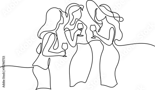 Summer party for girls. Fun drink lifestyle. Continuous one line drawing