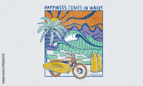 Motorcycle beach ride. Big wave artwork. Sunshine Surf club artwork. Enjoy beach life. Summer vibes artwork. Surf club design.