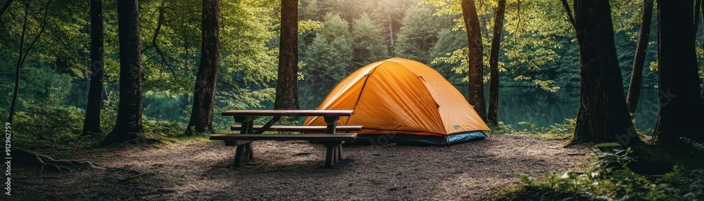 Orange tent and wooden bench in forest Orange tent and wooden bench in forest