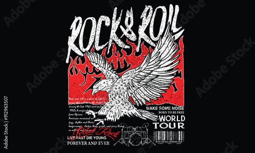 Eagle with fire artwork. Fearless music tour. Eagle vintage vector t shirt design. Rock and roll with wing logo artwork for apparel and others.	