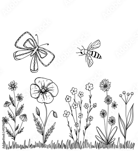 Spring wild flowers in grass with bee and butterfly in hand drawn doodle style. Vector illustration