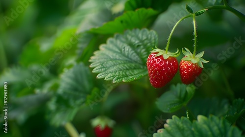 Close-up of strawberries on with green leaves, Fresh ripe strawberries on plant in natural. 