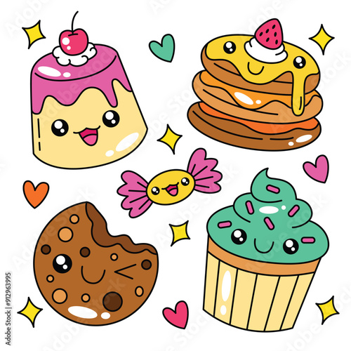 hand drawn cakes and sweet in kawaii doodle style