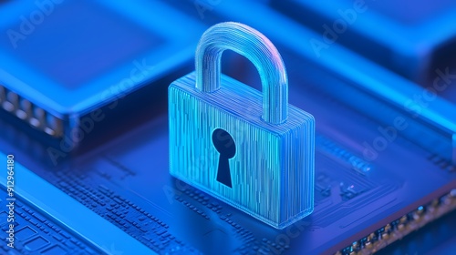 Wallpaper Mural Blue padlock securing electronic circuit board, representing cybersecurity, data protection, and information security. Torontodigital.ca