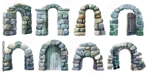 Watercolor old ancient medieval castle rock stone gate door set collection design resources elements