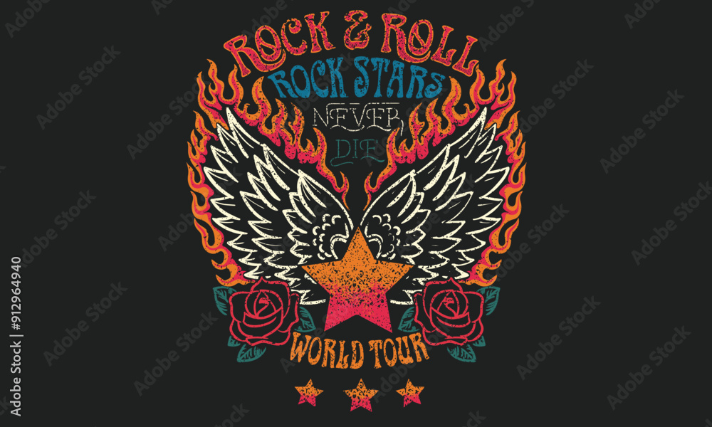Eagle fly vector artwork design for shirt and others. Rose flower artwork. Rock star never die. Eagle wing with fire. Rock and roll graphic print design for apparel, stickers, posters and background. Eagle fly vector artwork design for shirt and others. Rose flower artwork. Rock star never die. Eagle wing with fire. Rock and roll graphic print design for apparel, stickers, posters and background.