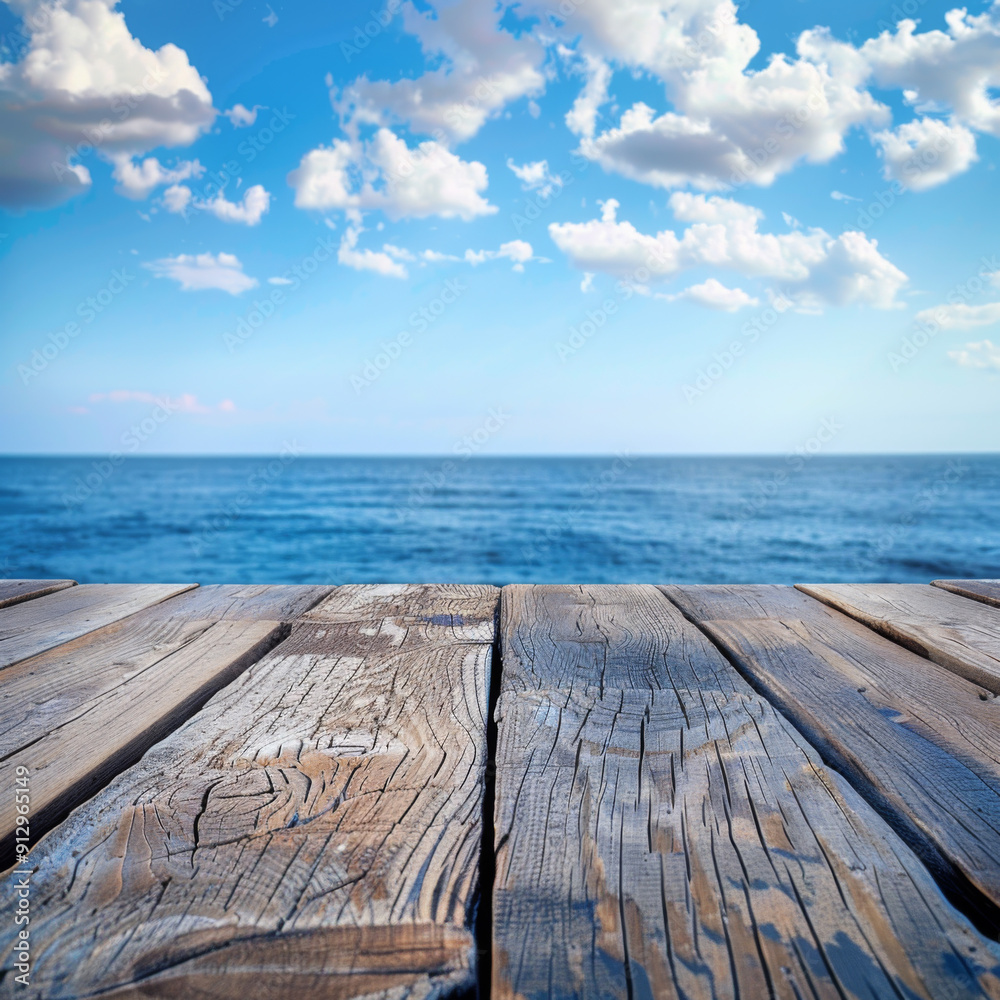 Wooden Deck Overlooking a Blue Ocean and Sky with Clouds