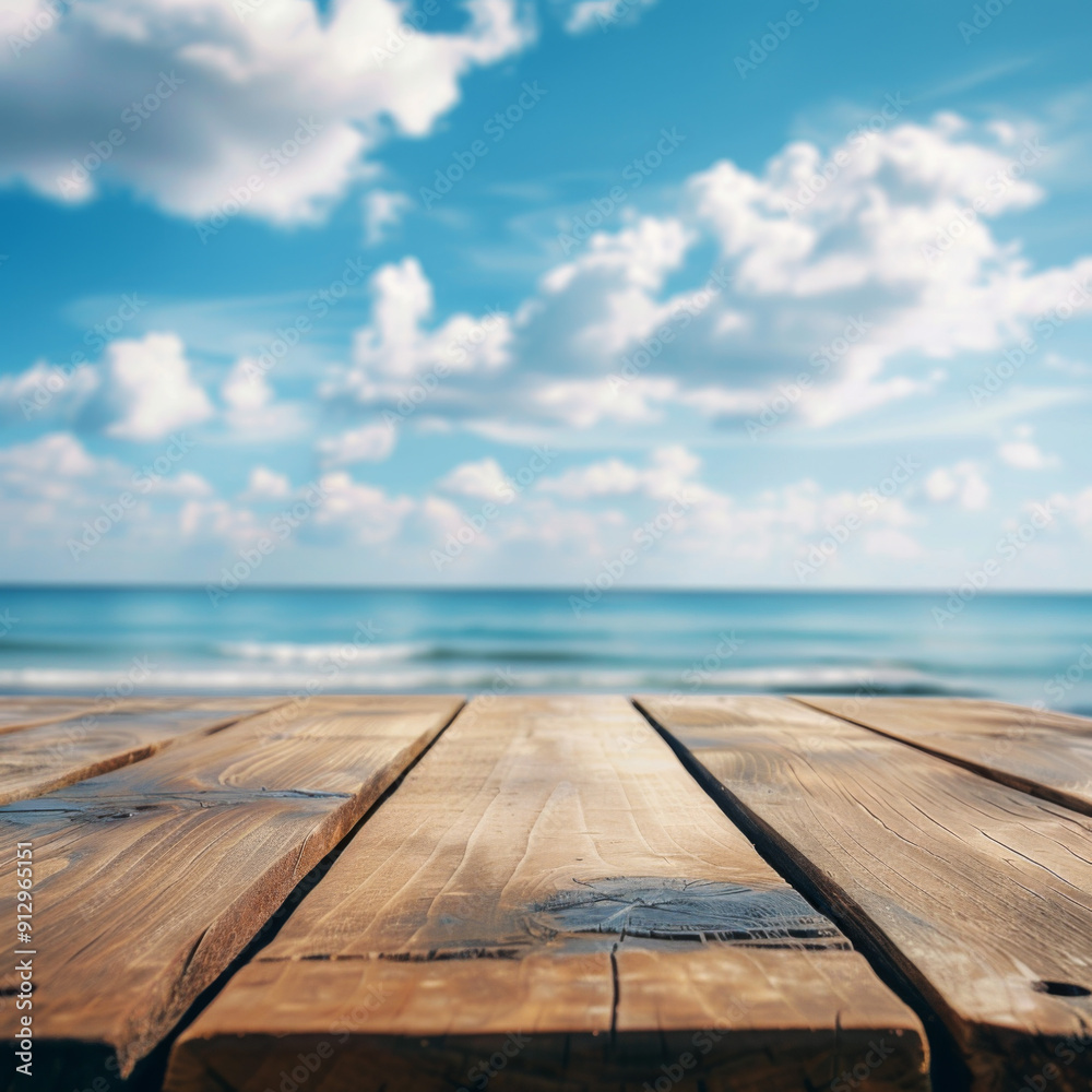 Fototapeta premium Wooden Plank Tabletop Against a Blurred Beach and Sky Background