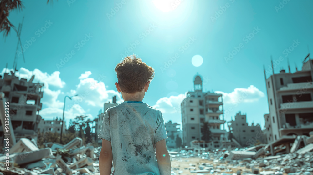 Back side of a young boy stands amidst the ruins of a bombed-out urban area, gazing at a massive explosion in the distance. Generative AI. Back side of a young boy stands amidst the ruins of a bombed-out urban area, gazing at a massive explosion in the distance. Generative AI.