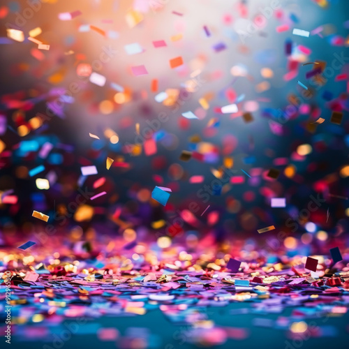 Colorful Confetti Falling on a Blue Surface