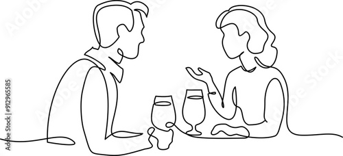 Man and woman drinking beer or wine. Continuous one line drawing.