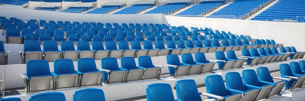 Fototapeta premium Empty blue stadium seats at a sports arena. football fans and other outdoor sports