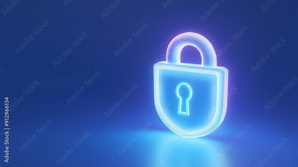Bright neon padlock symbolizing online security and data protection on a dark blue background, highlighting digital safety and cybersecurity. Bright neon padlock symbolizing online security and data protection on a dark blue background, highlighting digital safety and cybersecurity.
