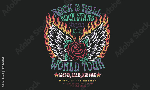 Rock star never die. Eagle wing with fire. Rock and roll graphic print design for apparel, stickers, posters and background. Eagle fly vector artwork design for shirt and others. Rose flower artwork.