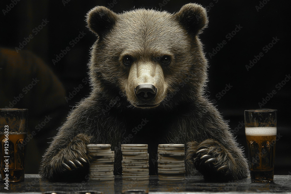 Obraz premium Animal Bear plays poker blackjack in a casino, fantasy