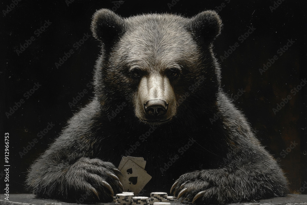 Obraz premium Animal Bear plays poker blackjack in a casino, fantasy