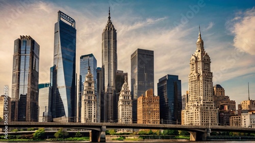 A skyline view of a metropolitan city with skyscrapers and bridges