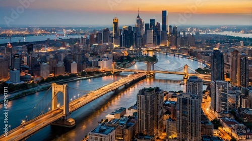 A skyline view of a metropolitan city with skyscrapers and bridges