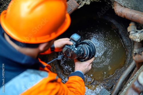 A drain cleaning company checks a blocked drain with a camera before flushing it out photo