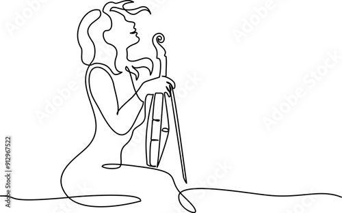Violinist woman resting with violin on lap. Continuous one line drawing