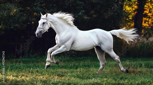 A white horse with a white bridle gallops through a field of green grass, its mane and tail flowing in the wind. The background is blurred, with trees and leaves out of focus.