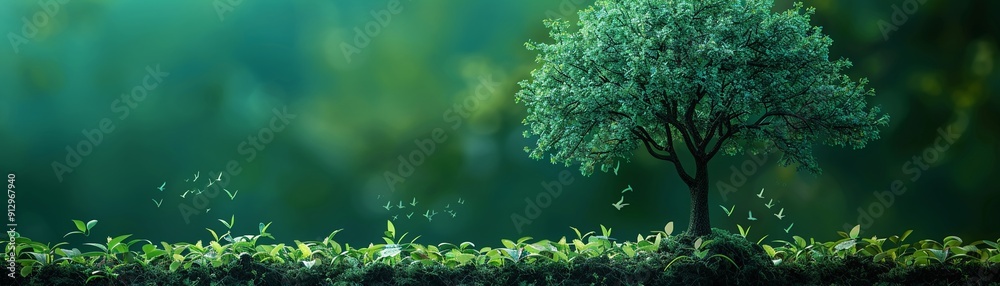 Tree with renewable energy and ecofriendly transport symbols minimalistic flat green background style space for text Tree with renewable energy and ecofriendly transport symbols minimalistic flat green background style space for text