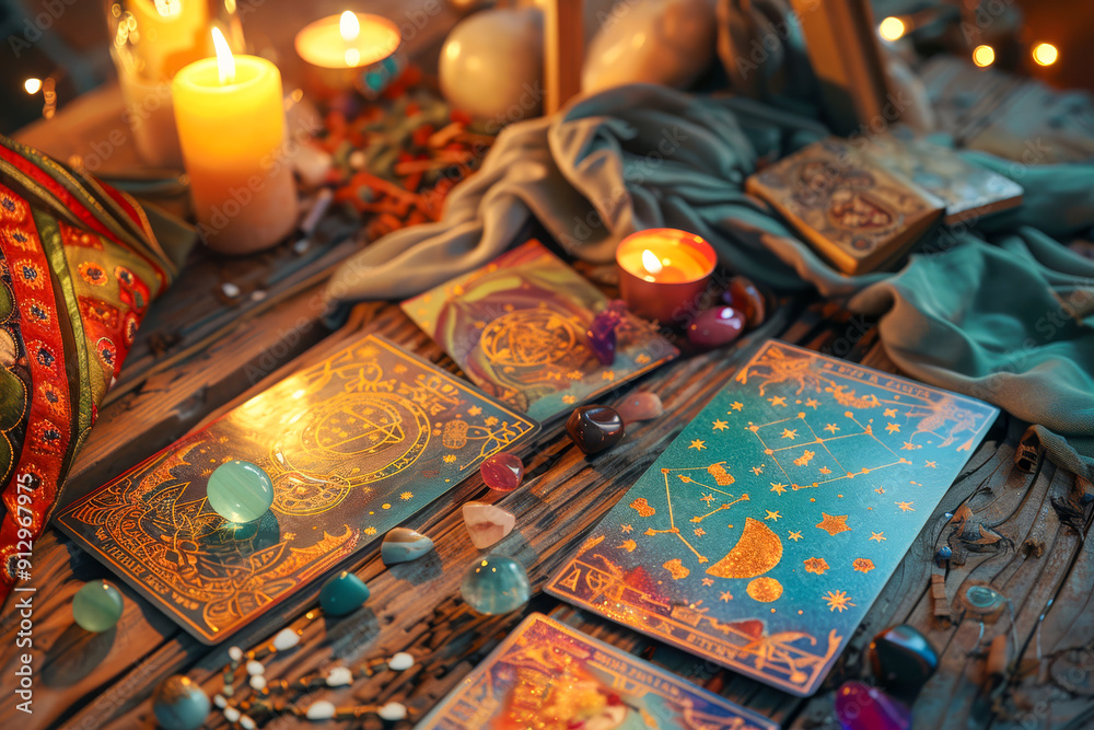 Decorative Setup with Astrology Cards and Crystals