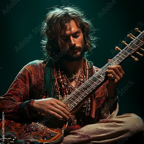 A musician deeply engrossed in playing a traditional string instrument, showcasing creativity and passion in an artistic setting.