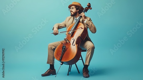 A stylish man playing a cello, showcasing his passion for music in a vibrant studio setting.