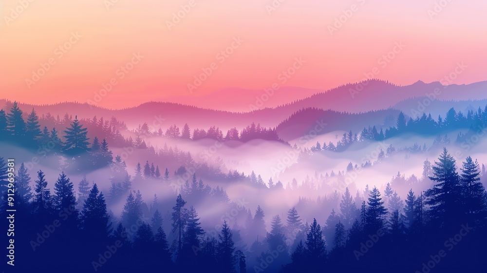 illustration of mountains with misty forest illustration of mountains with misty forest