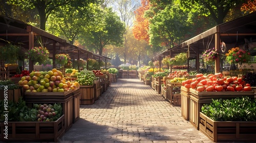 A vibrant, sunlit market scene filled with fresh fruits and vegetables, surrounded by lush greenery and autumn foliage. photo